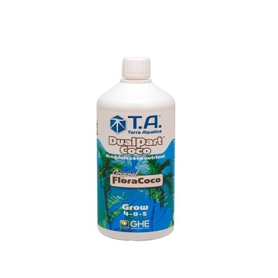 Frasco branco com rótulo azul e verde de fertilizante líquido DualPart Coco