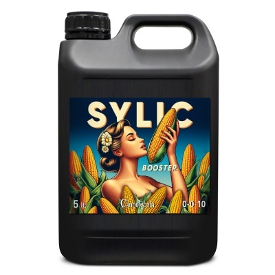 Recipiente preto com etiqueta colorida de mulher com milho e texto SYLIC BOOSTER