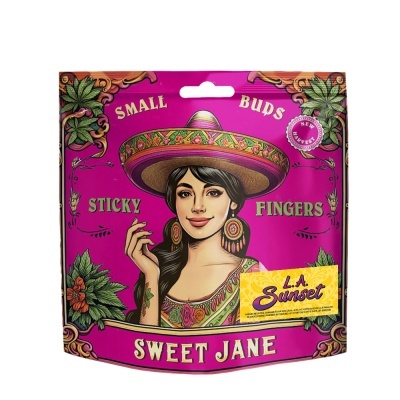 Embalagem rosa com ilustração colorida e textos Small Buds Sticky Fingers Sweet Jane L.A. Sunset