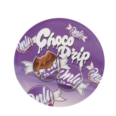 Embalagem redonda lilás com texto Choco Drip branco e círculos Only CBD com chocolate derretido