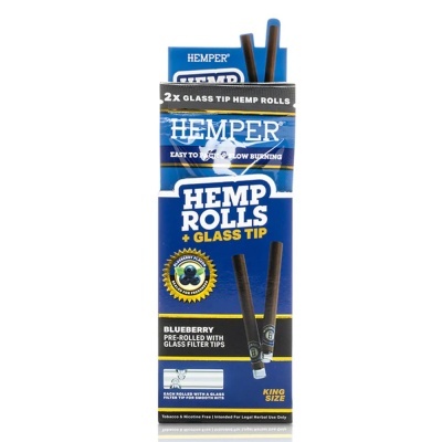 Embalagem azul de Hemp Rolls com pontas de vidro e texto em inglês