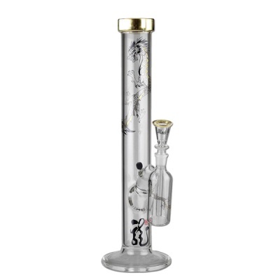 Bong de vidro transparente com dragão preto e dourado e detalhes dourados