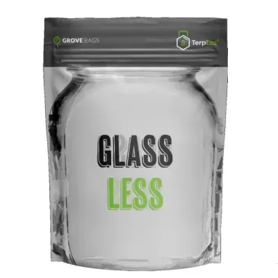 Embalagem hermética preta e branca com texto 'GLASS LESS'