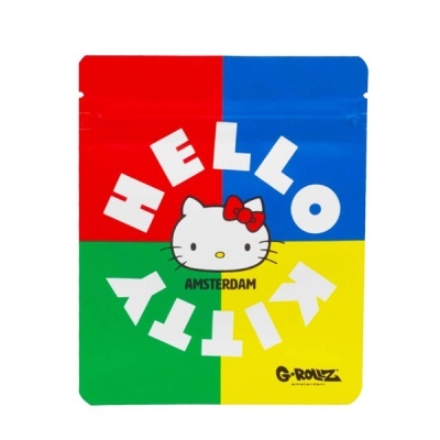 Saco colorido HELLO KITTY com cabeça da Hello Kitty e texto AMSTERDAM em fundo dividido em quatro cores