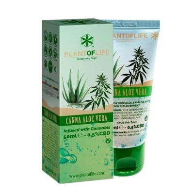 Creme Canna Aloe Vera com infusão de cannabis em bisnaga branca e caixa com texto verde e dourado