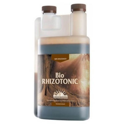 Frasco plástico translúcido com rótulo Bio RHIZOTONIC 100% Biológico