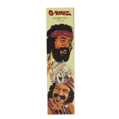Embalagem G-ROLLZ organic hemp com ilustração de homens e texto em fundo bege.