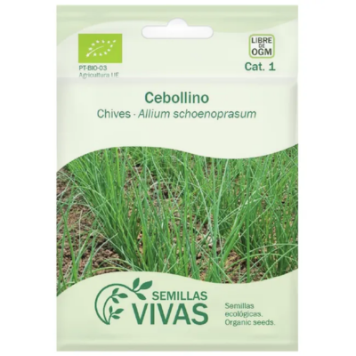 Saco de sementes ecológicas de Cebolinho com imagem das plantas e texto em branco e verde