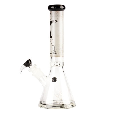 Cachimbo de água em vidro transparente com decoração branca e preta
