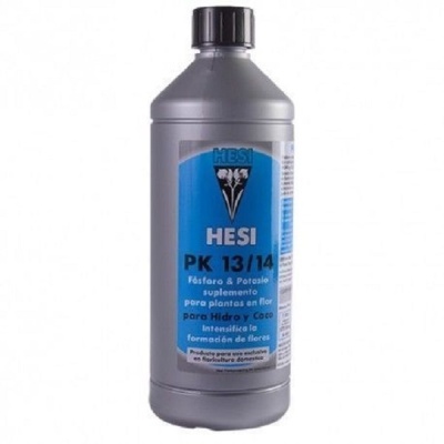 Frasco cinzento de suplemento para plantas HESI PK 13/14 com rótulo azul e texto em espanhol.
