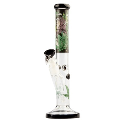 Bongo de vidro transparente com decoração colorida de folhas e figura feminina
