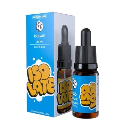 Frasco de óleo CBD Isolate ao lado da sua caixa azul