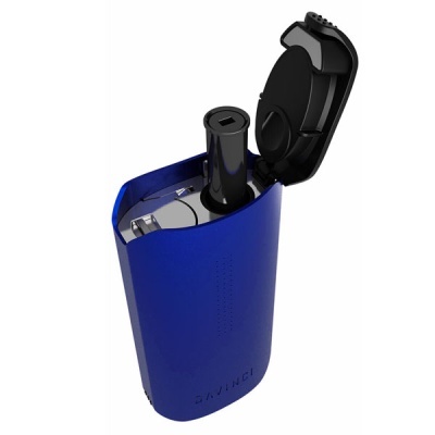 Vaporizador portátil azul com tampa preta aberta e texto DAVINCI