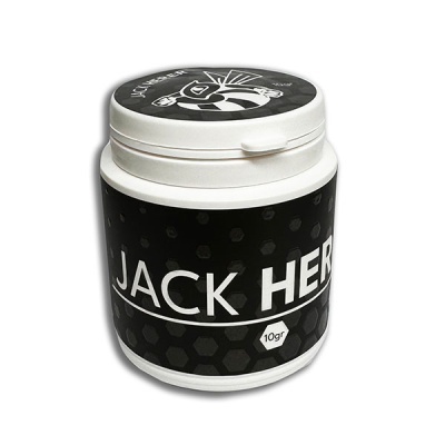 Frasco branco com etiqueta preta e texto JACK HERB 10 gr