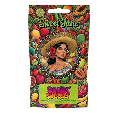 Embalagem vibrante com mulher ilustrada, frutas coloridas e texto Sweet Jane e SUNSET SHERBET