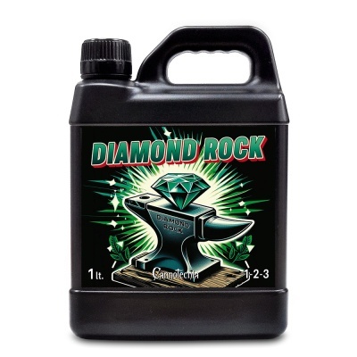 Frasco preto de plástico com etiqueta DIAMOND ROCK mostrando bigorna e diamante.