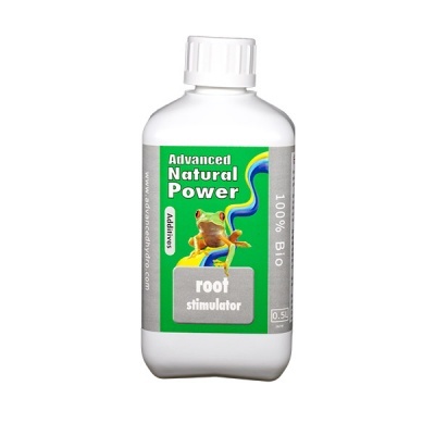 Frasco plástico branco com etiqueta verde e cinza e texto 'Advanced Natural Power root stimulator 100% BIO' e imagem de um sapo.