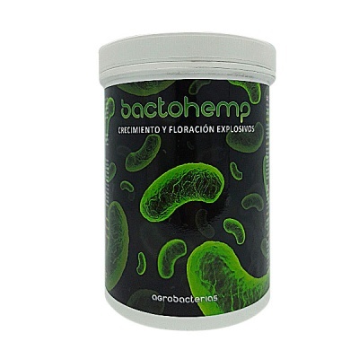Frasco branco rotulado Bactohemp com design de bactérias verdes