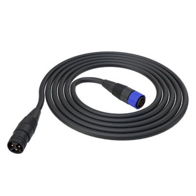 Cabo de áudio preto com conetores XLR e anel azul