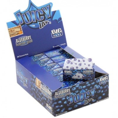 Caixa azul de papel para enrolar Juicy Jay's sabor Blueberry com imagens de mirtilos