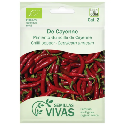 Pacote de sementes de pimenta Cayenne com diversas informações em várias línguas