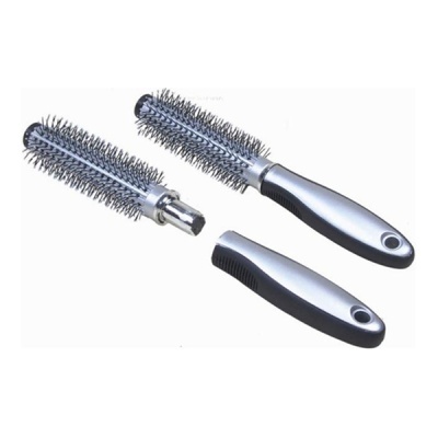 Escovas de cabelo redondas metálicas com cabo cinza e preto, uma desmontada