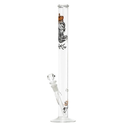 Pipe de vidro transparente com desenho de leão e coroa dourada.