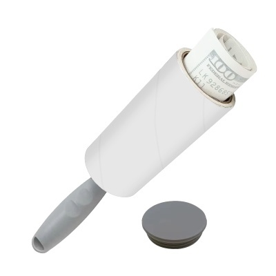 Rolo para tirar pelo branco com pega cinzenta e tampa preta solta ao lado