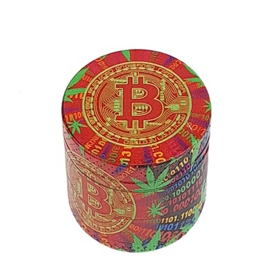 Triturador cilíndrico vermelho com símbolo Bitcoin e folhas de cannabis