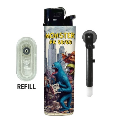 Isqueiro transparente com desenho de monstros e texto MONSTER PK 58/60, recarregador e peça preta