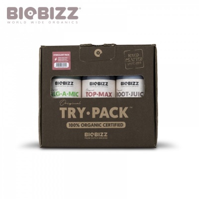 Pack BioBizz Original Try-Pack com três frascos em caixa castanha