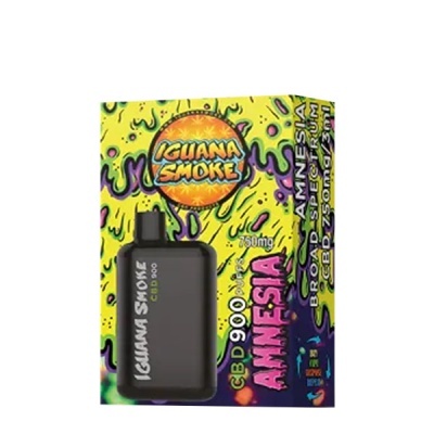 Frasco preto Iguana Smoke CBD com caixa colorida vibrante amarela, verde e roxa