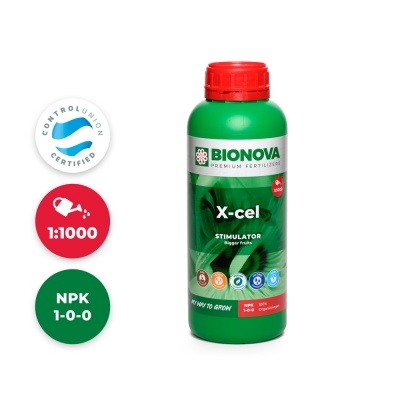 Frasco verde com tampa vermelha de fertilizante BIONOVA X-cel