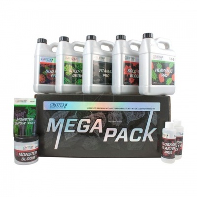 Conjunto de produtos para cultivo com várias garrafas brancas e caixa preta MEGA PACK