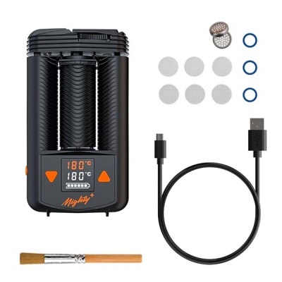 Conjunto de vaporizador preto com acessórios incluindo filtros metálicos e brancos, anéis azuis, cabo USB e pincel de limpeza.