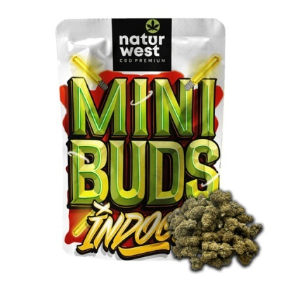 Pacote de MINI BUDS INDOOR da marca natur west e flores secas ao lado.