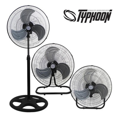 Três ventiladores pretos metálicos com pás cinzentas e logo TYPHOON