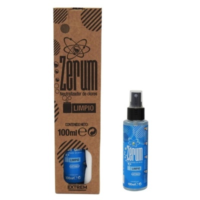 Frasco azul de spray e caixa castanha com texto preto do neutralizador de odores Zerum