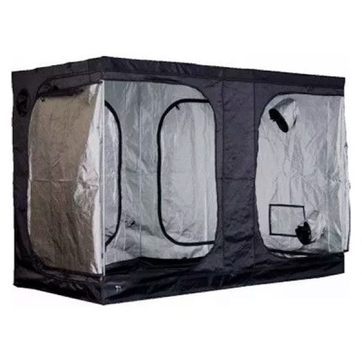Tenda de cultivo preta com interior prateado e múltiplas aberturas