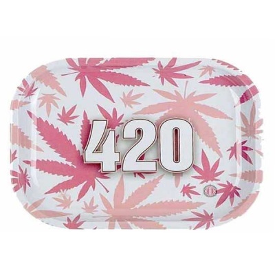 Tabuleiro retangular com padrão de folhas de marijuana cor-de-rosa e vermelho e número 420 no centro