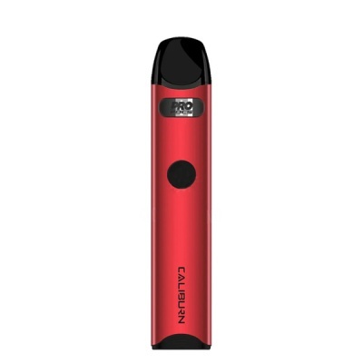 Dispositivo vape vermelho CALIBURN com bocal preto e botão circular.