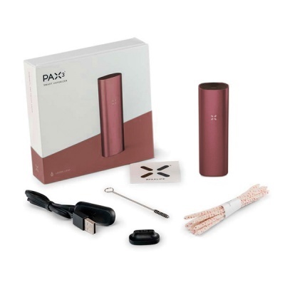 Conjunto PAX 3 com vaporizador vermelho escuro, acessórios e embalagem