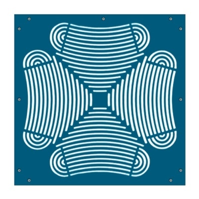 Stencil azul com padrão branco de linhas curvas geométricas e furos metálicos nas bordas