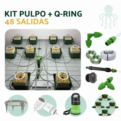 Kit de irrigação com 48 saídas, tubos, conexões e dispositivo NETADRIP em fundo branco