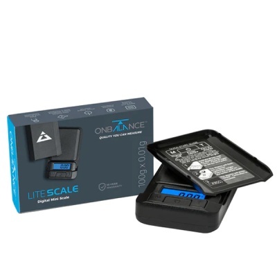 Balança digital mini ONBALANCE preta com visor azul e caixa