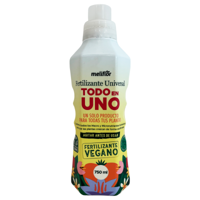 Frasco plástico de fertilizante líquido com etiqueta amarela e verde e elementos florais.