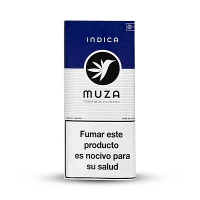 Embalagem azul e branca INDICA Muza com aviso de saúde em espanhol