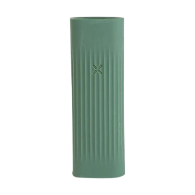 Frasco de plástico verde com ranhuras verticais e símbolo central