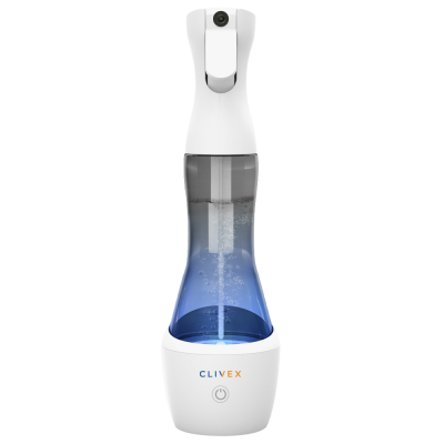 Frasco pulverizador elétrico branco e azul com texto CLIVEX