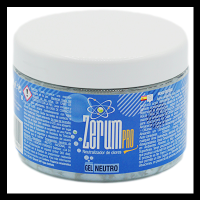 Frasco plástico de gel neutralizador de odores Zêrum PRO com rótulo azul e tampa branca.